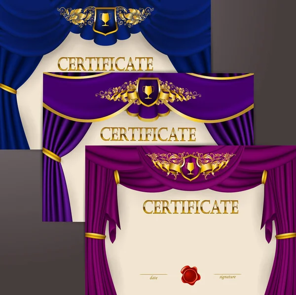 Set elegante sjablonen van diploma kant ornament, lint, lakzegel, schild, lauwerkrans, draperie weefsel, plaats voor tekst. Vectorbeelden