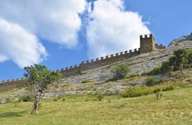 Kayadaki antik kalenin güzel manzarası ve mavi gökyüzüne karşı ağaçlar..