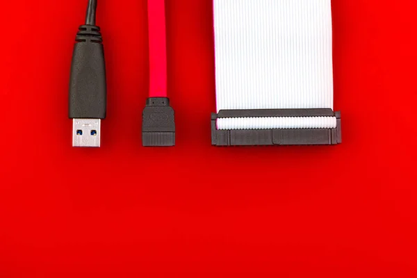 Sata Cable Usb Ide Cables Red Desktop Top View Concept — Stock Photo, Image