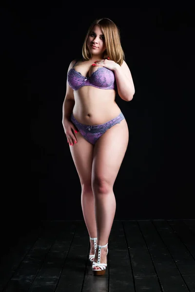 Size Sexy Model Lingerie Fat Woman Black Studio Background Overweight — Stock Photo, Image