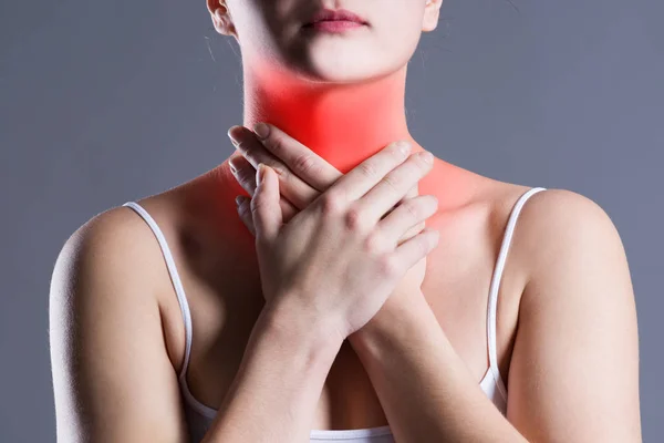 Sore Throat Woman Pain Neck Gray Background Studio Shot — Stock Photo, Image