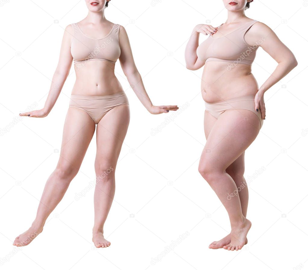 Woman's body before and after weight loss isolated on white background, full length plastic surgery concept