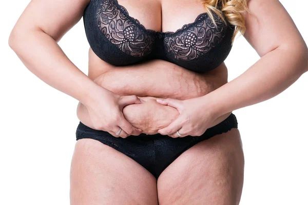 Mujer Con Sobrepeso Vientre Gordo Obesidad Cuerpo Femenino Aislado Sobre — Foto de Stock