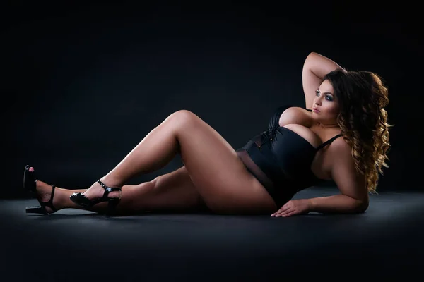 Size Sexy Model Swimsuit Fat Woman Black Studio Background Overweight — Stock Photo, Image