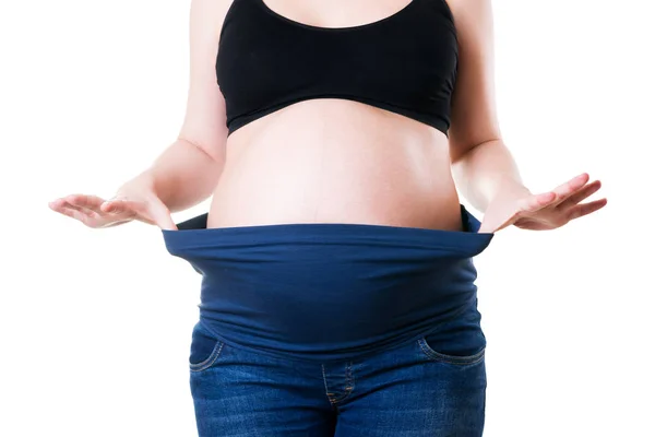 Kleding Voor Zwangere Vrouwen Blue Jeans Met Hoge Taille Geïsoleerd — Stockfoto