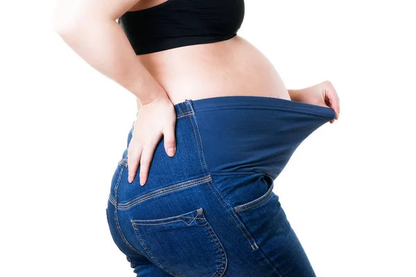 Kleding Voor Zwangere Vrouwen Blue Jeans Met Hoge Taille Geïsoleerd — Stockfoto