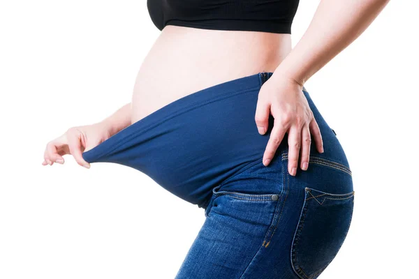 Kleidung Für Schwangere Bluejeans Mit Hoher Taille Isoliert Auf Weißem — Stockfoto