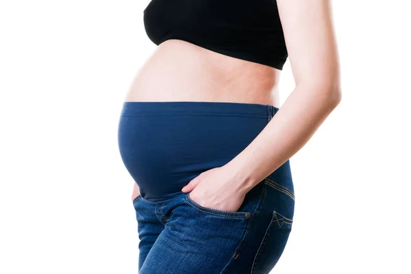 Kleding Voor Zwangere Vrouwen Blue Jeans Met Hoge Taille Geïsoleerd — Stockfoto