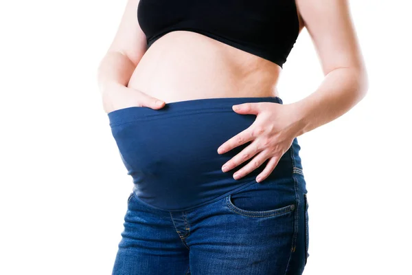Ropa Para Mujeres Embarazadas Jeans Azules Con Cintura Alta Aislada — Foto de Stock