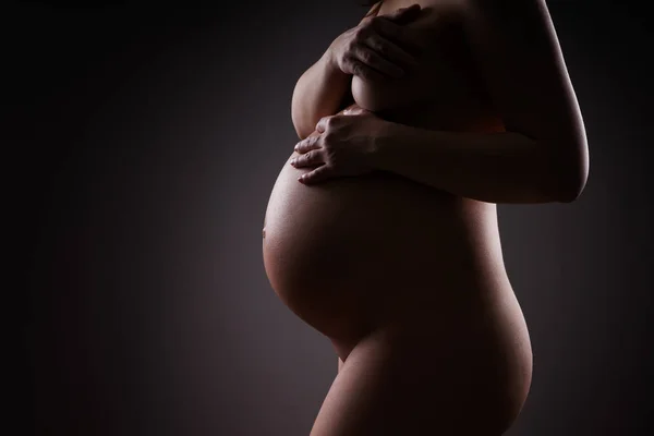 Art Nude Sexy Nahý Těhotná Žena Černém Studio Pozadí Těhotenství — Stock fotografie