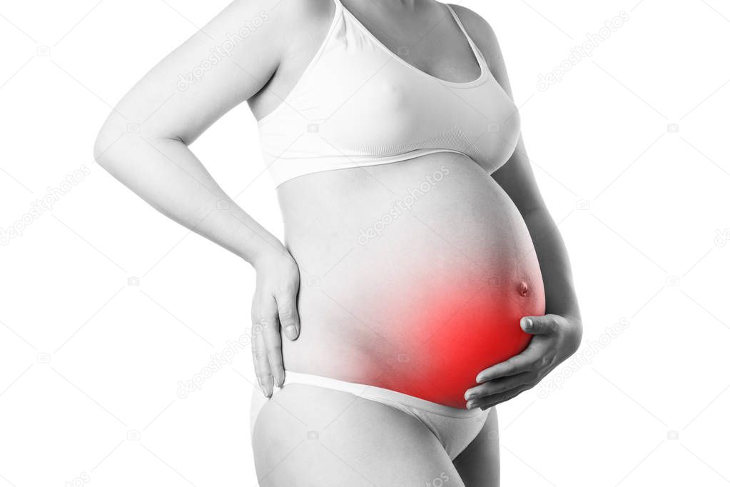 Pregnant woman with abdominal pain, risk of premature birth, isolated on white background