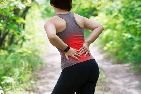 Mulher Com Dor Nas Costas Inflamação Renal Lesão Durante Treino — Fotografia de Stock