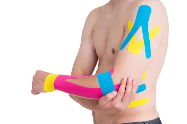 Kinesiology Taping Ludzką Ręką Izolowana Białym Tle — Zdjęcie stockowe