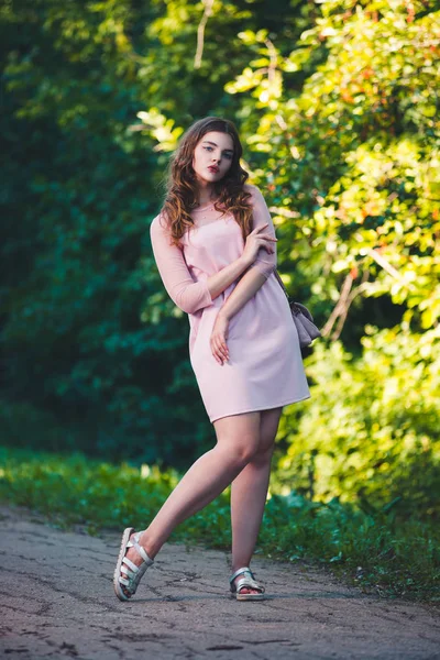 Full Length Portrait Young Beautiful Caucasian Woman Pink Dress Long - Stock-foto