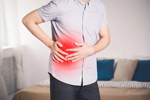 Attack Appendicitis Man Abdominal Pain Suffering Home Painful Area Highlighted — Stock Photo, Image