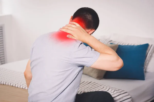 Neck Pain Man Suffering Backache Home Painful Area Highlighted Red — Stock Photo, Image