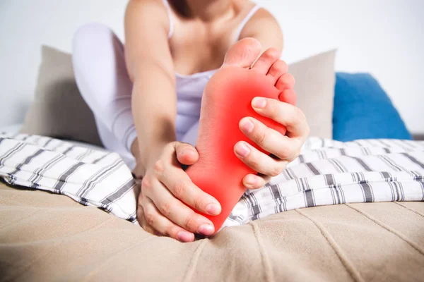 Woman Leg Hurts Pain Foot Massage Female Feet Home — Stock Photo, Image