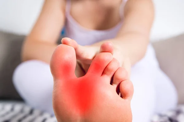 Woman Leg Hurts Pain Foot Massage Female Feet Home — Stock Photo, Image