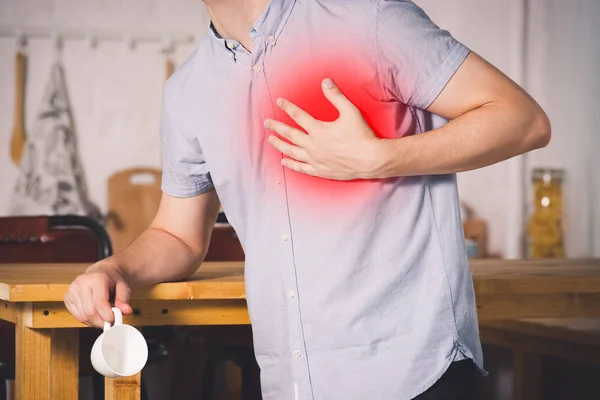 Heart Attack Man Chest Pain Suffering Home Painful Area Highlighted — Stock Photo, Image