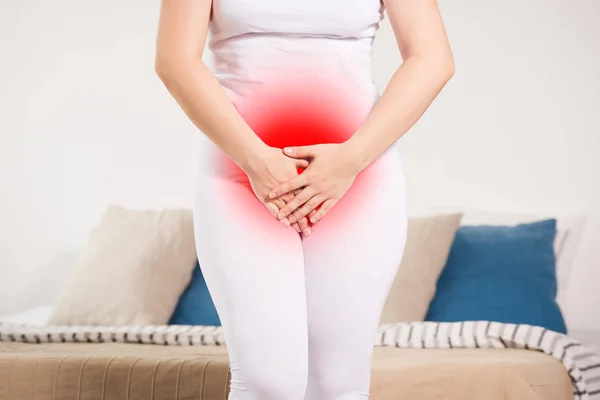 Stomach Ache Woman Abdominal Pain Suffering Home Painful Area Highlighted — Stock Photo, Image