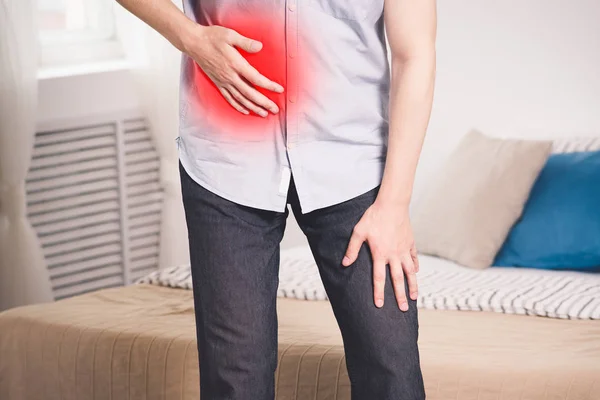 Attack Appendicitis Man Abdominal Pain Suffering Home Painful Area Highlighted — Stock Photo, Image