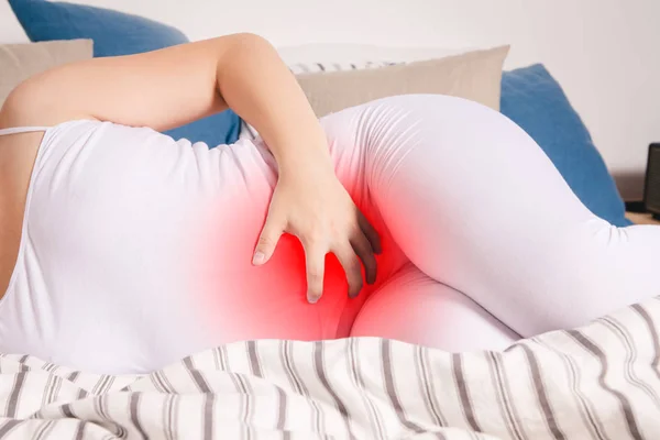 Stomach Ache Woman Abdominal Pain Suffering Home Painful Area Highlighted — Stock Photo, Image