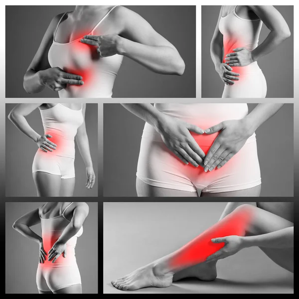疼痛在不同妇女的身体部位 慢性疾病的女性身体 拼贴几张照片 痛苦的区域突出红色 — 图库照片