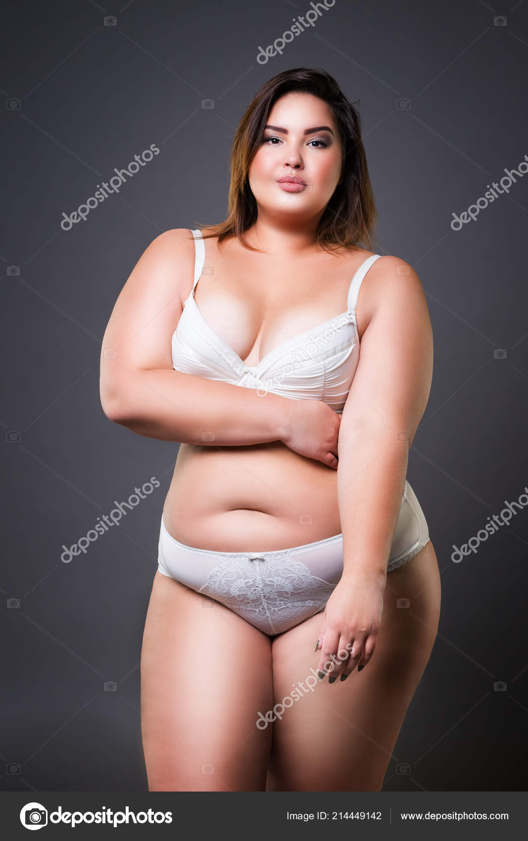 Size Model Lingerie Fat Woman Gray Studio Background Overweight Female Stock Photo by 214449142