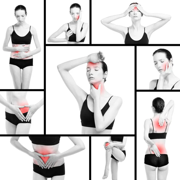 Smärta Olika Kvinnans Kroppsdelar Kroniska Sjukdomar Den Kvinnliga Kroppen Collage — Stockfoto