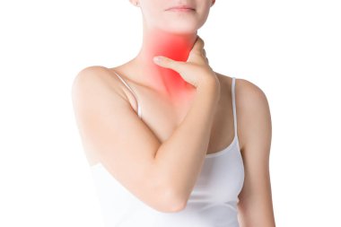 Boğaz ağrısı, ağrı boyun, beyaz arka plan üzerinde atış studio izole kadın