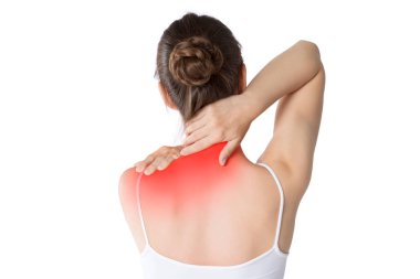 Neck pain, woman with backache isolated on white background, studio shot clipart