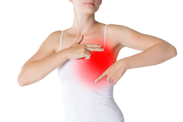 Breast test, woman examining her breasts for cancer, heart attack, pain in human body isolated on white background, painful area highlighted in red