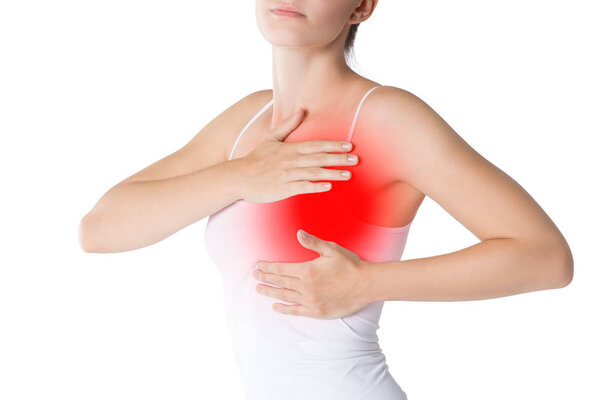 Breast test, woman examining her breasts for cancer, heart attack, pain in human body isolated on white, painful area highlighted in red