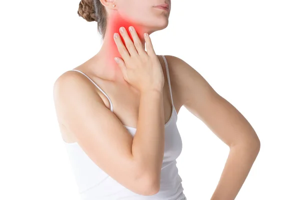 Sore Throat Woman Pain Neck Isolated White Background Studio Shot — Stock Photo, Image