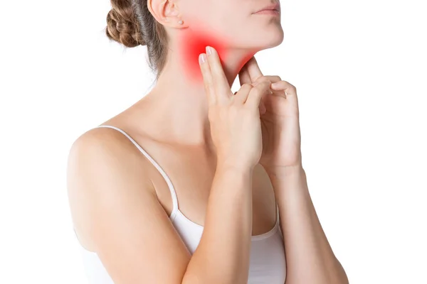 Sore Throat Woman Pain Neck Isolated White Background Studio Shot — Stock Photo, Image