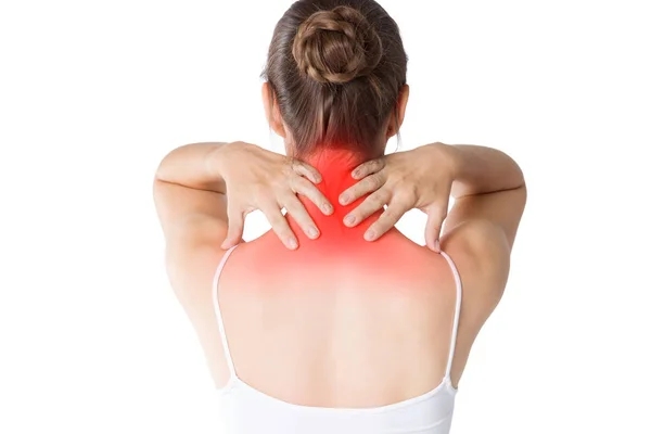 Neck Pain Woman Backache Isolated White Background Studio Shot — Stock Photo, Image