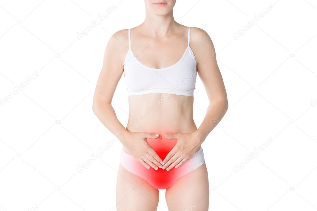 Woman with menstrual pain, stomachache isolated on white background, studio shot