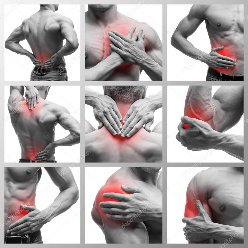 Pain in different man's body parts, chronic diseases of the male body, collage of several photos isolated on white background, painful area highlighted in red