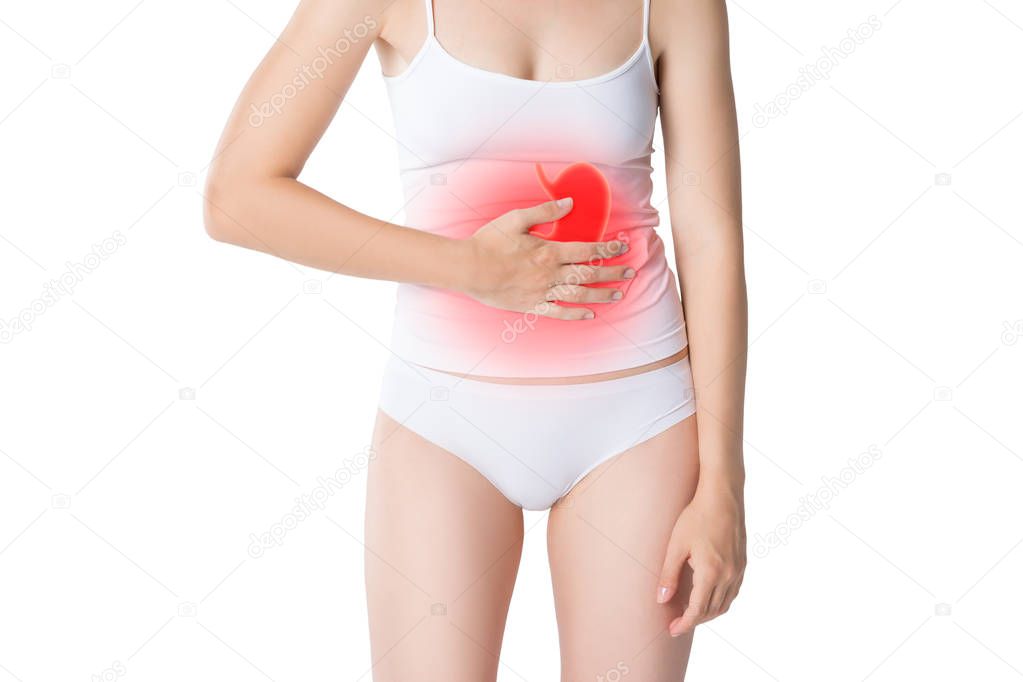 Woman with abdominal pain, stomachache isolated on white background, studio shot