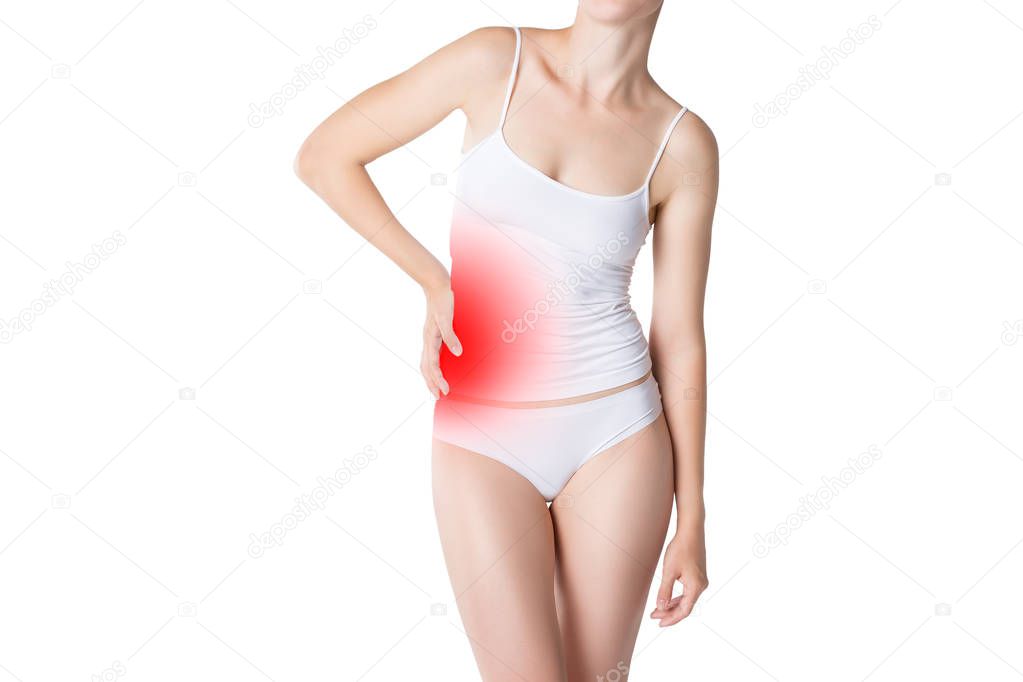 Woman with abdominal pain, stomachache isolated on white background, studio shot