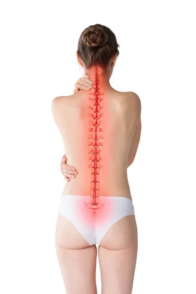 脊柱疼痛 背痛查出的妇女在白色背景 背部受伤 照片与突出的骨架 — 图库照片