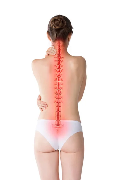 Pain in the spine, woman with backache isolated on white background, back injury, photo with highlighted skeleton — Stock Image Pain Spine Woman Backache Isolated White Background Back Injury Photo Stock Photo
