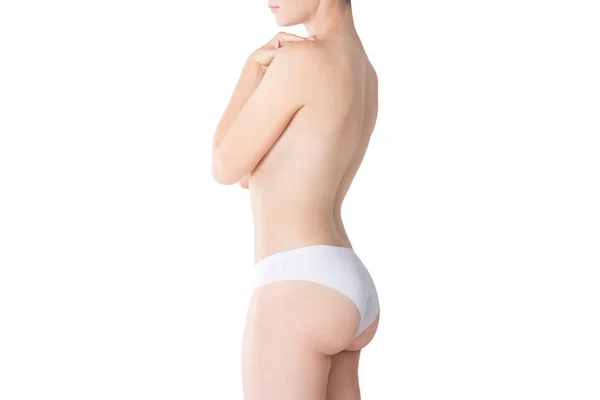 Mujer Delgada Topless Bragas Blancas Aisladas Sobre Fondo Blanco Cuerpo — Foto de Stock
