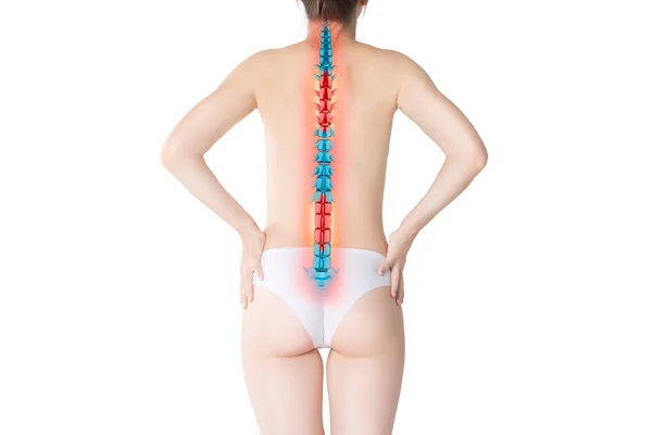 Pain in the spine, woman with backache isolated on white background, back injury, photo with highlighted skeleton