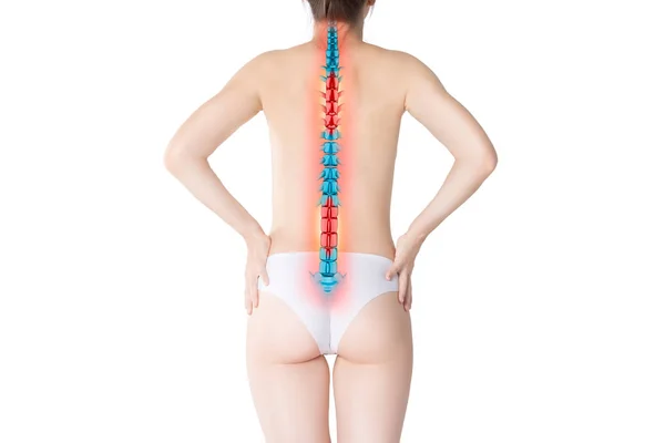 Pain in the spine, woman with backache isolated on white background, back injury, photo with highlighted skeleton — Stock Image Pain Spine Woman Backache Isolated White Background Back Injury Photo Royalty Free Stock Photos
