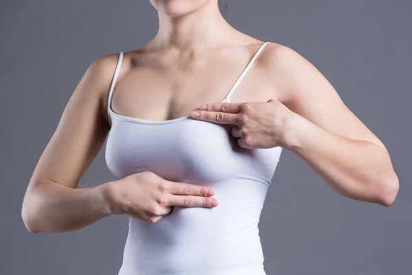 Breast Test Woman Examining Her Breasts Cancer Heart Attack Pain — Stock Photo, Image