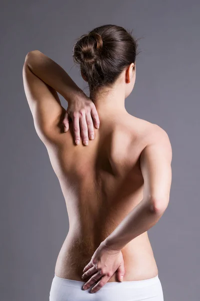 Woman Large Scar Burn Back Rear View Gray Background — Stock Photo, Image