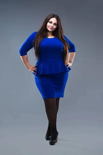 Size Fashion Model Blue Dress Fat Woman Gray Studio Background — Stock Photo, Image