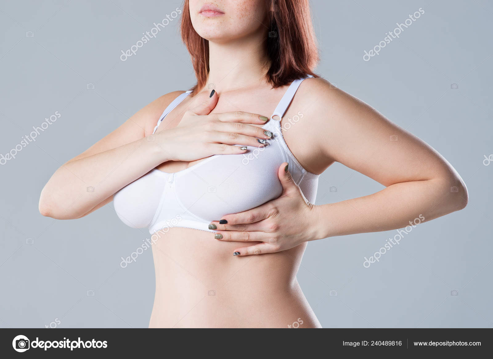 Breast Test Woman Examining Her Breasts Cancer Pain Female Body Stock Photo  by ©starast 240489816