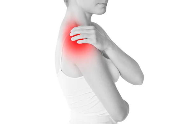 Woman Pain Shoulder Isolated White Background Painful Area Highlighted Red — Stock Photo, Image